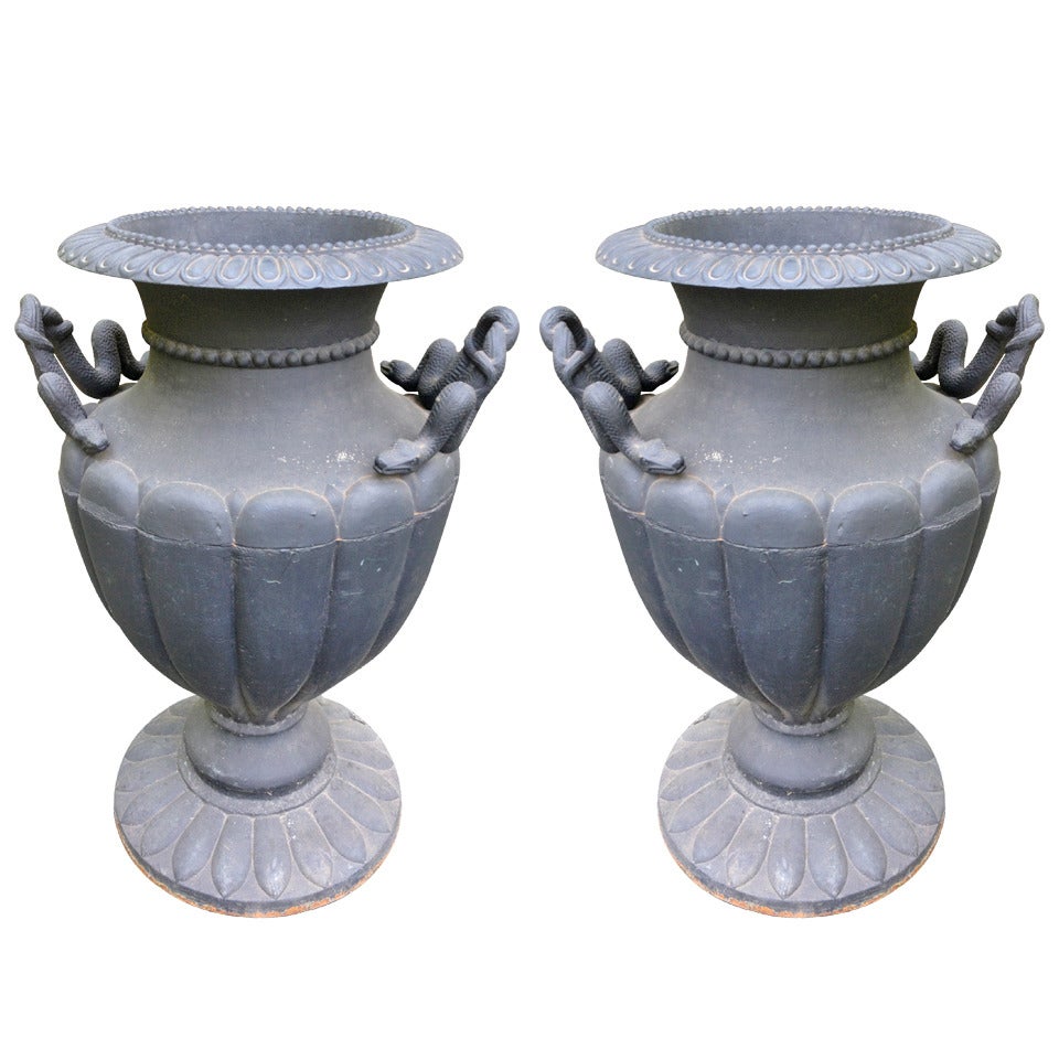 Impressive Pair of Continental Overscale Cast Iron Urns with Serpent Handles