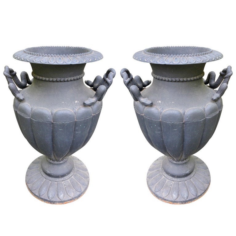 Impressive Pair of Overscale Cast Iron Urns For Sale