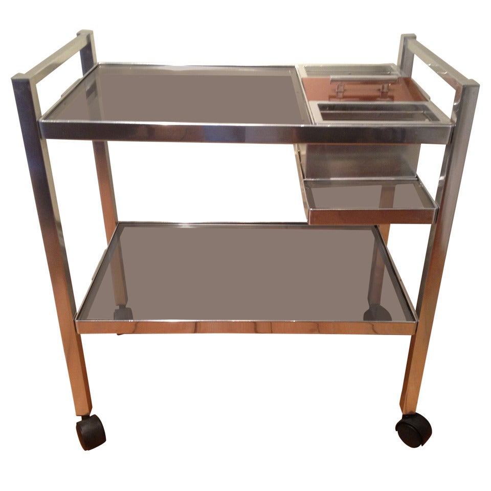 Mid-Century English Cocktail Trolley in Chrome and Smoked Glass For Sale