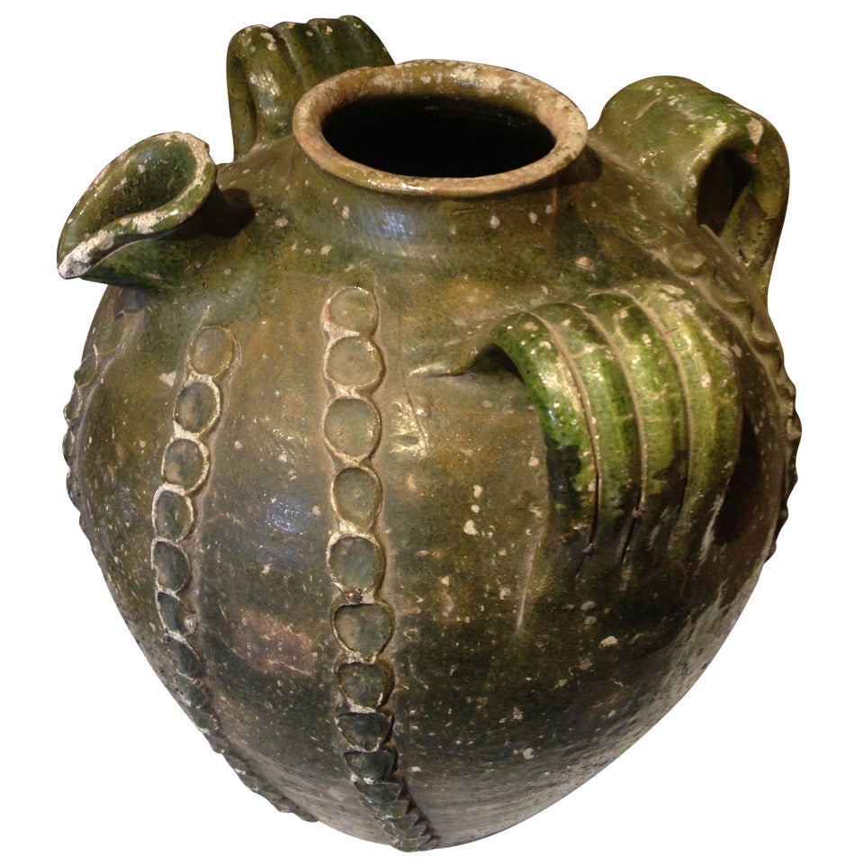 18th Century French Perigordian Glazed Terracotta Water Pitcher