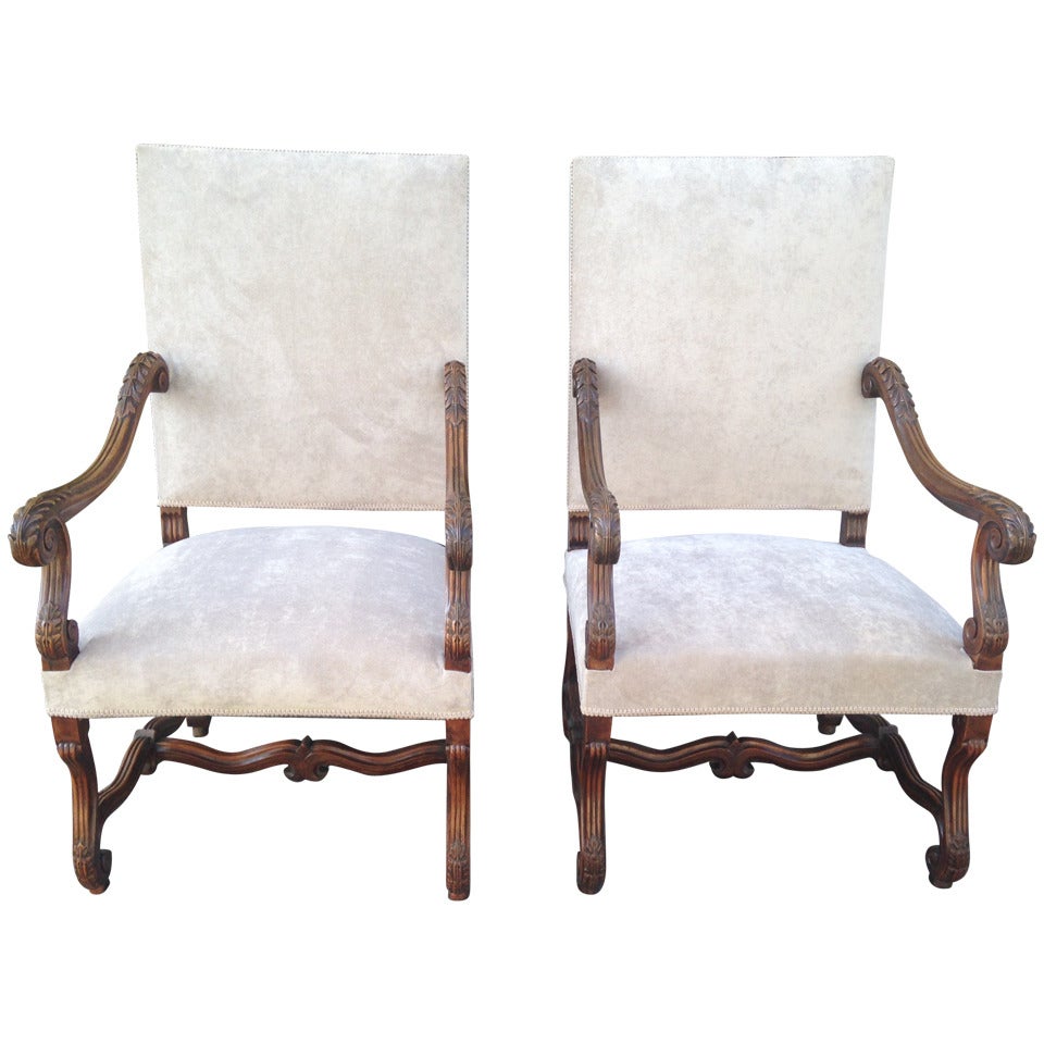 Fabulous Large Pair of 19th Century French Walnut Fauteuils or Throne Chairs