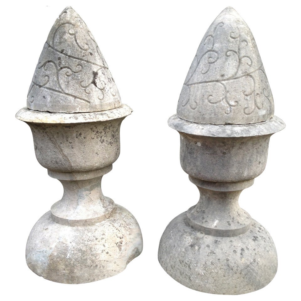 Pair of Grand 19th Century French Hand-Carved Limestone Finials