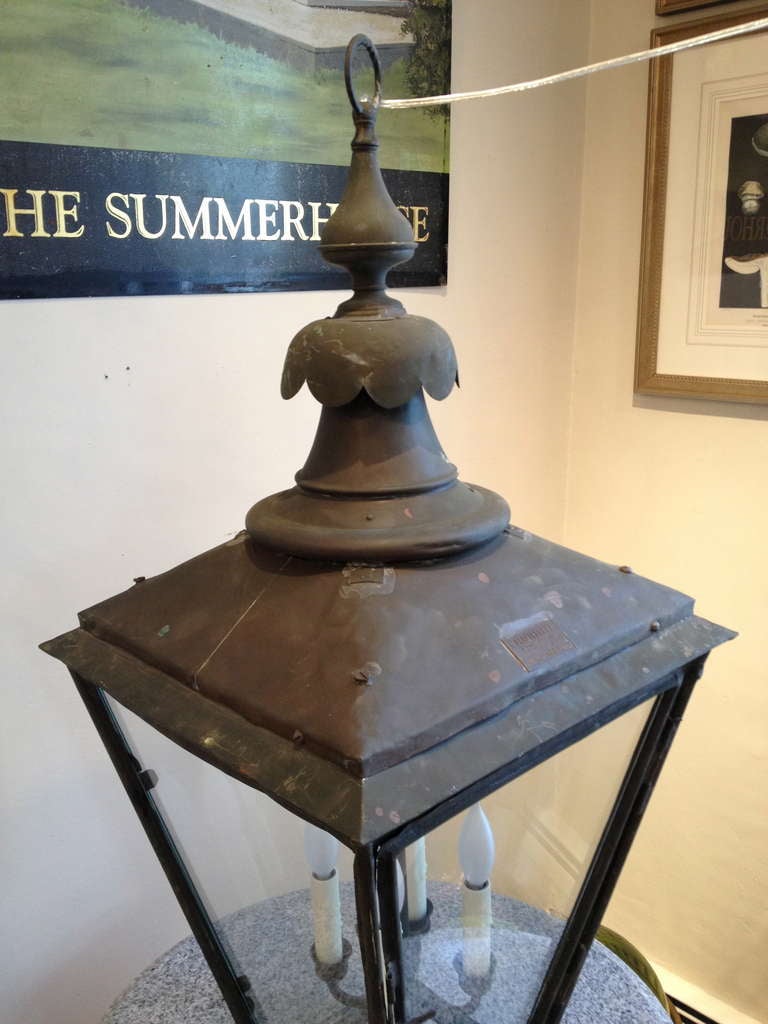 Classic Edwardian Verdigris Copper Lantern In Excellent Condition In Woodbury, CT
