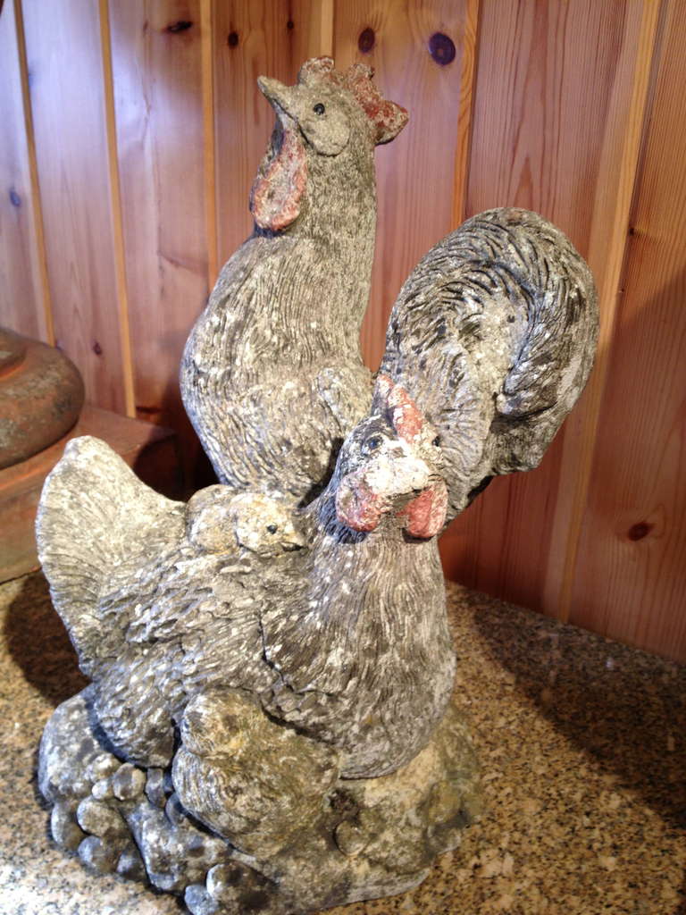 We love this folksy grouping of a rooster, hen and their chicks, particularly since they have such a beautiful weathered patina and gorgeous detail.  Yes, the hen has a missing beak, but we can color it to fade.  You will really enjoy this one by