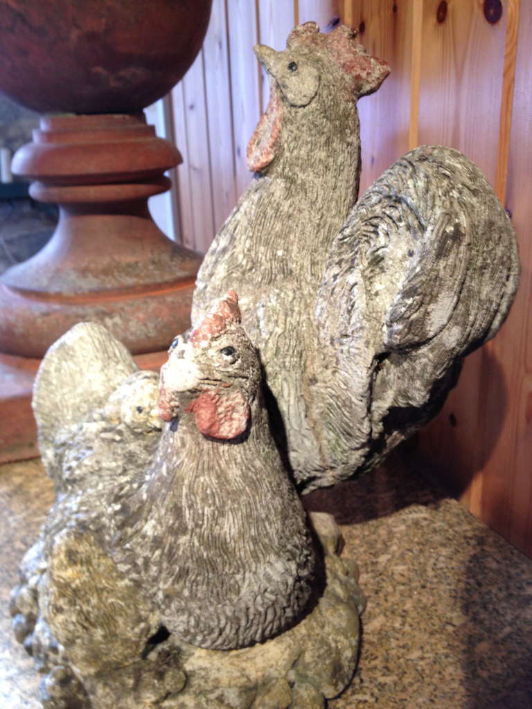 Rustic Grouping of Cast Stone Cock, Hen and Chicks In Excellent Condition In Woodbury, CT