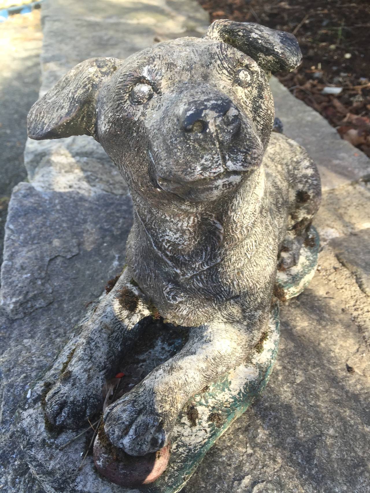 20th Century English Cast Stone Puppy Statue with Ball