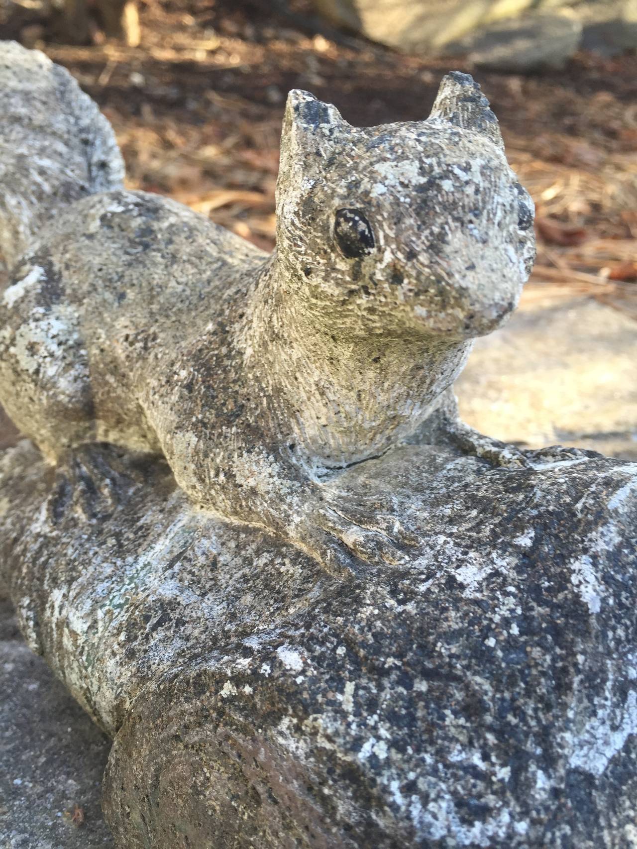 English Cast Stone Squirrel on Log Statue 1