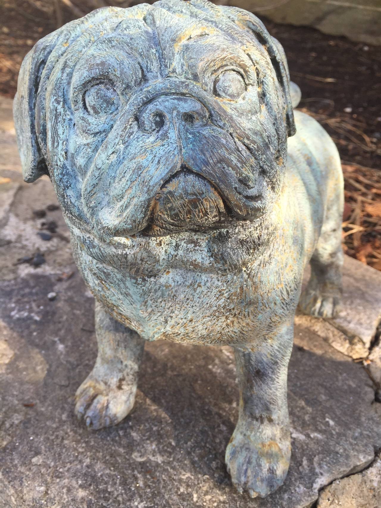 This little guy is simply adorable and totally lifelike in his conformation and expression! Cast from bronze and with a lovely verdigris patina, he will bring you years of enjoyment standing alert on your top step or guarding your garden. Not so