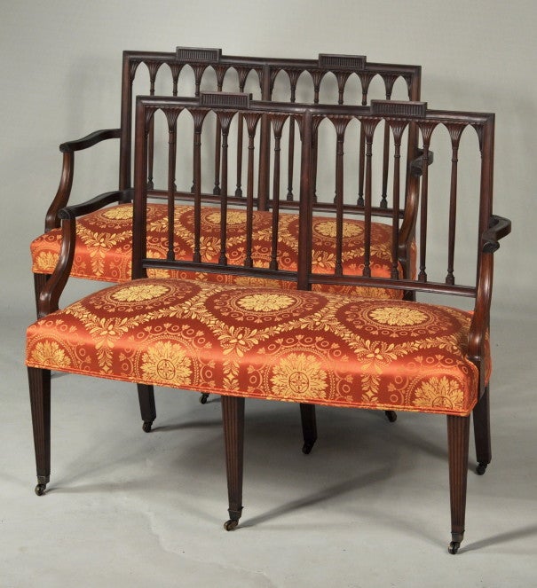 Pair Hepplewhite Carved Mahogany Double Chairback Settees