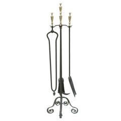 Old Brass and Iron Fireplace Tools with stand