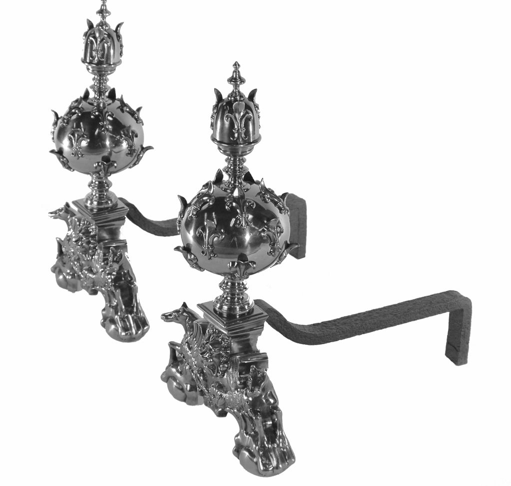 Fluer de Lis Andirons with Horse figures in Polished Pewter finish