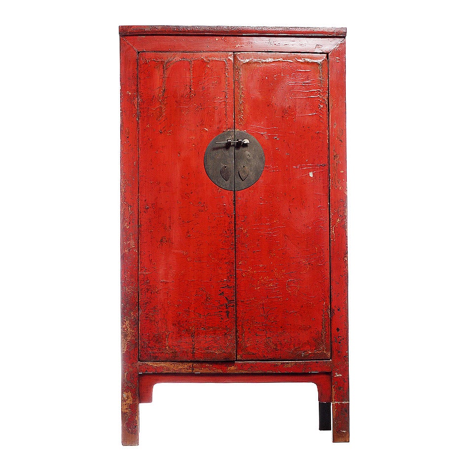 19th Century Chinese Large Red Lacquered Armoire with Iron Hardware In Distressed Condition In Yonkers, NY