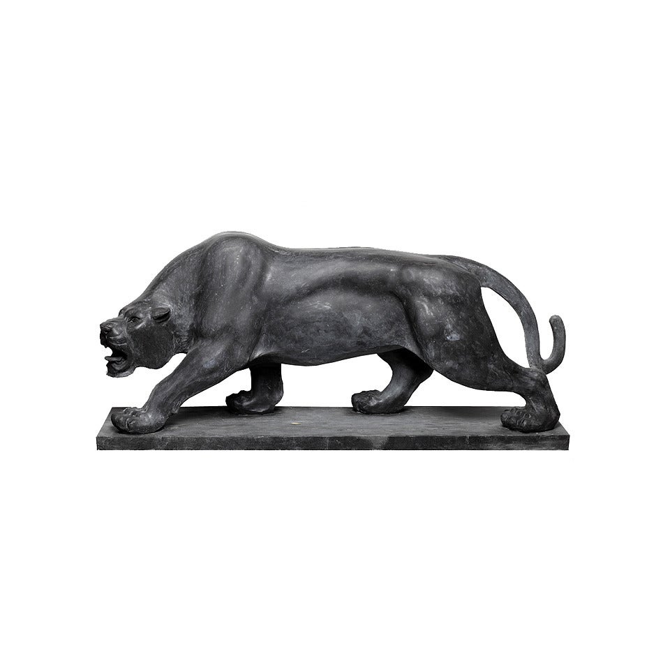 Modern Contemporary Large Hand-Carved Stone Roaring Black Panther Sculpture on Base