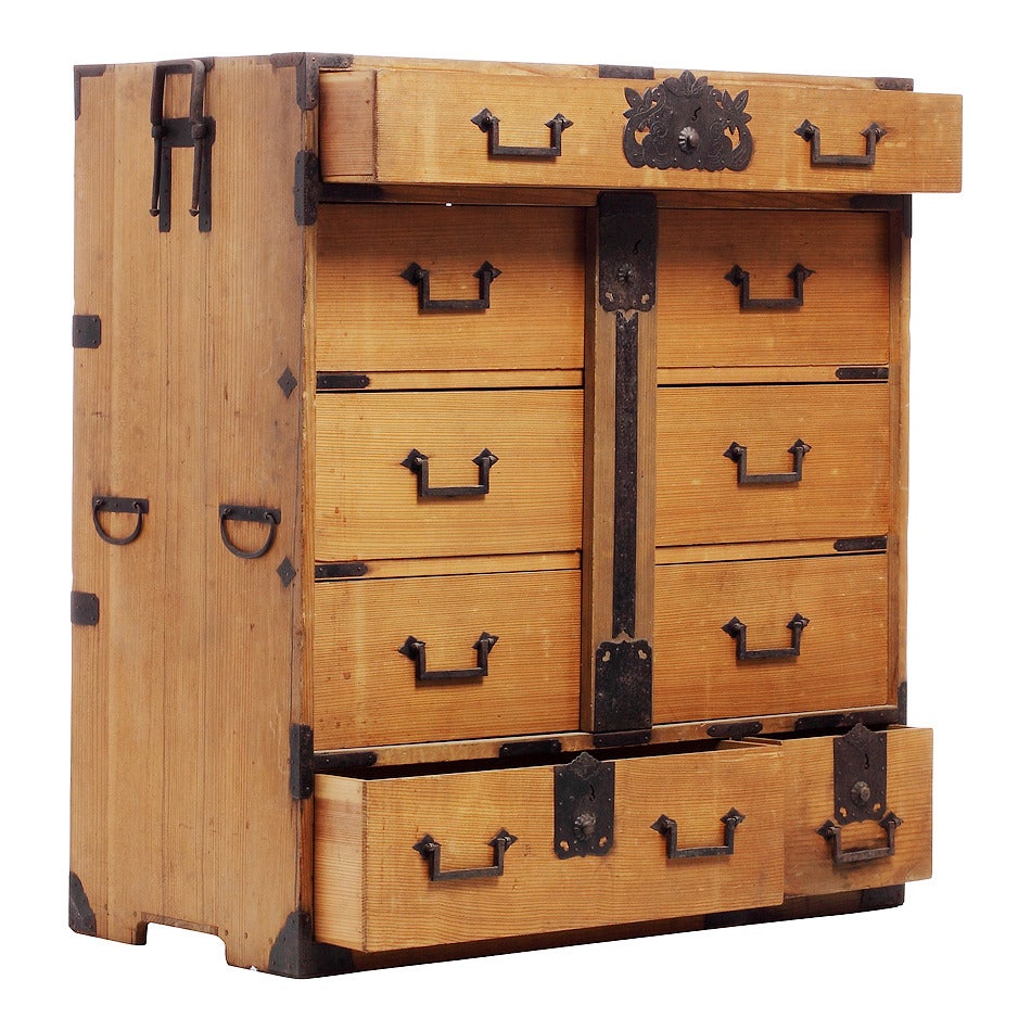 Meiji Antique Japanese Merchants Chest with Incised Iron Hardware from the Late 1800s