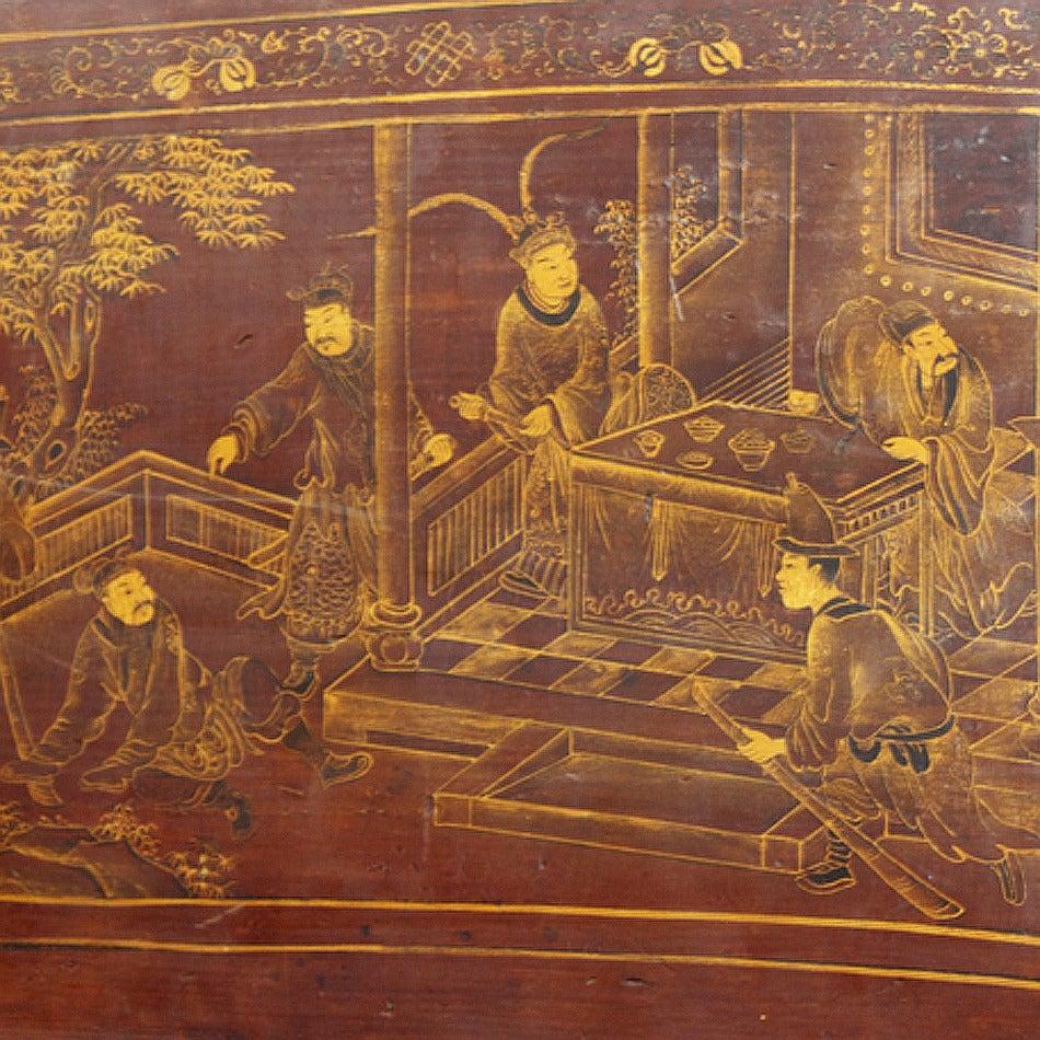 19th Century Carved Opium Bed with Detailed Gilded Chinoiserie Headboard In Excellent Condition In Yonkers, NY