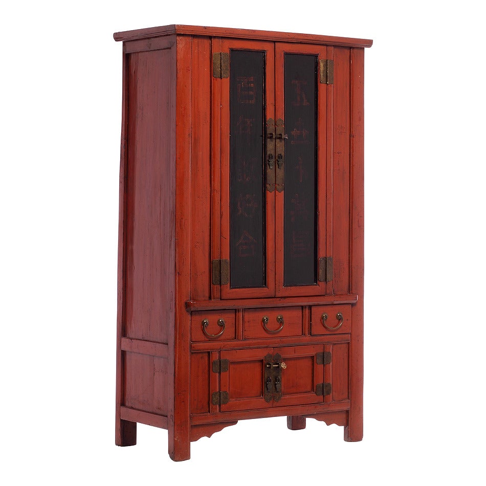 19th Century Red and Black Chinese Armoire with Calligraphy and Brass Hardware For Sale 1