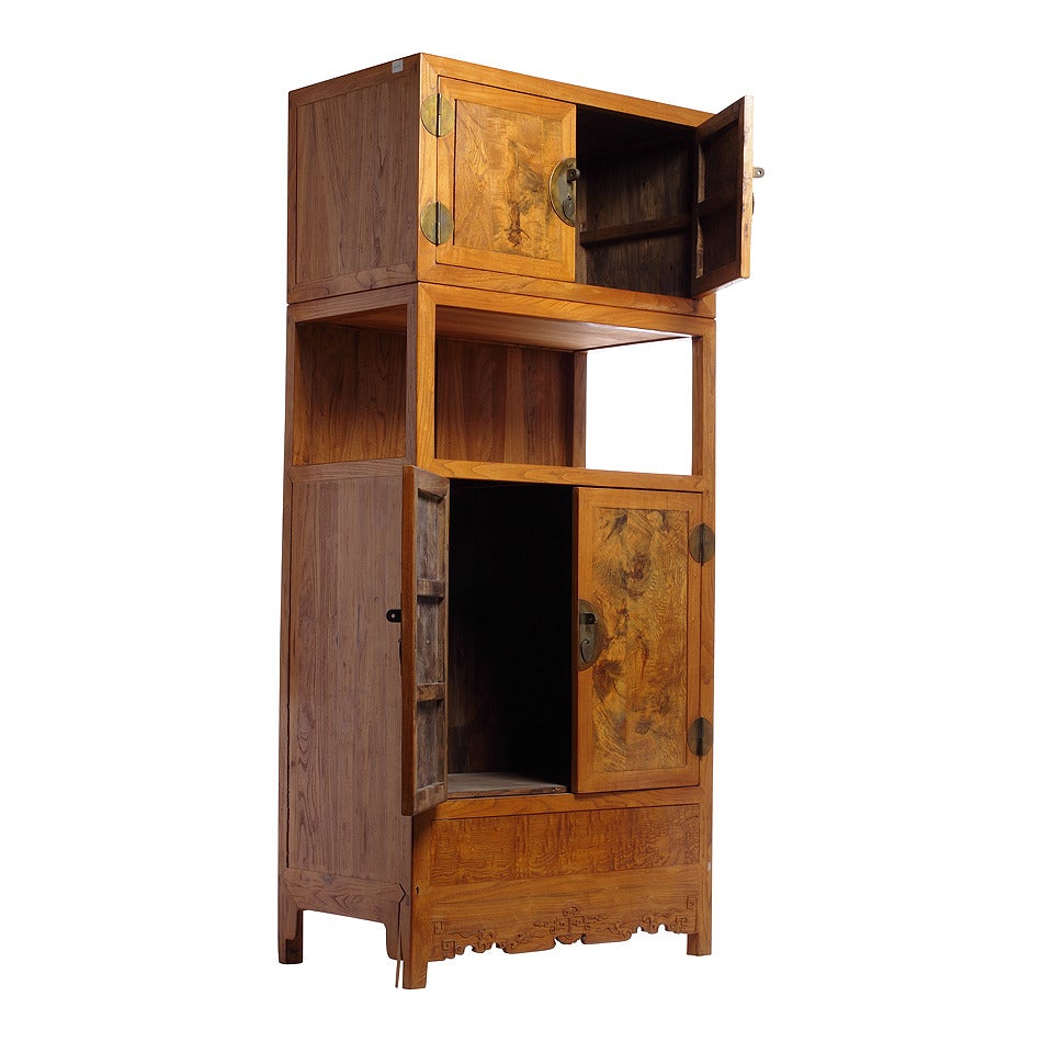 Tall Two Section Burl Wood Cabinet with Four Doors 2