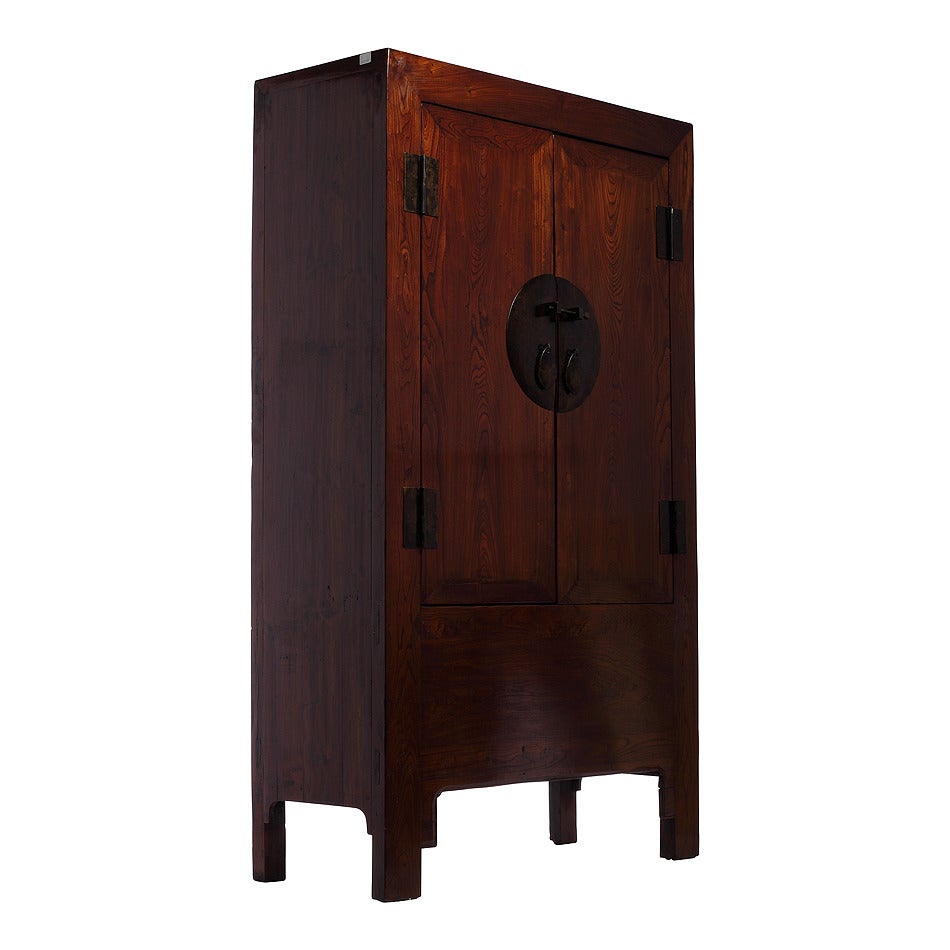 Lacquered Brown Lacquer Elm Chinese Armoire from the 19th Century with Medallion Hardware