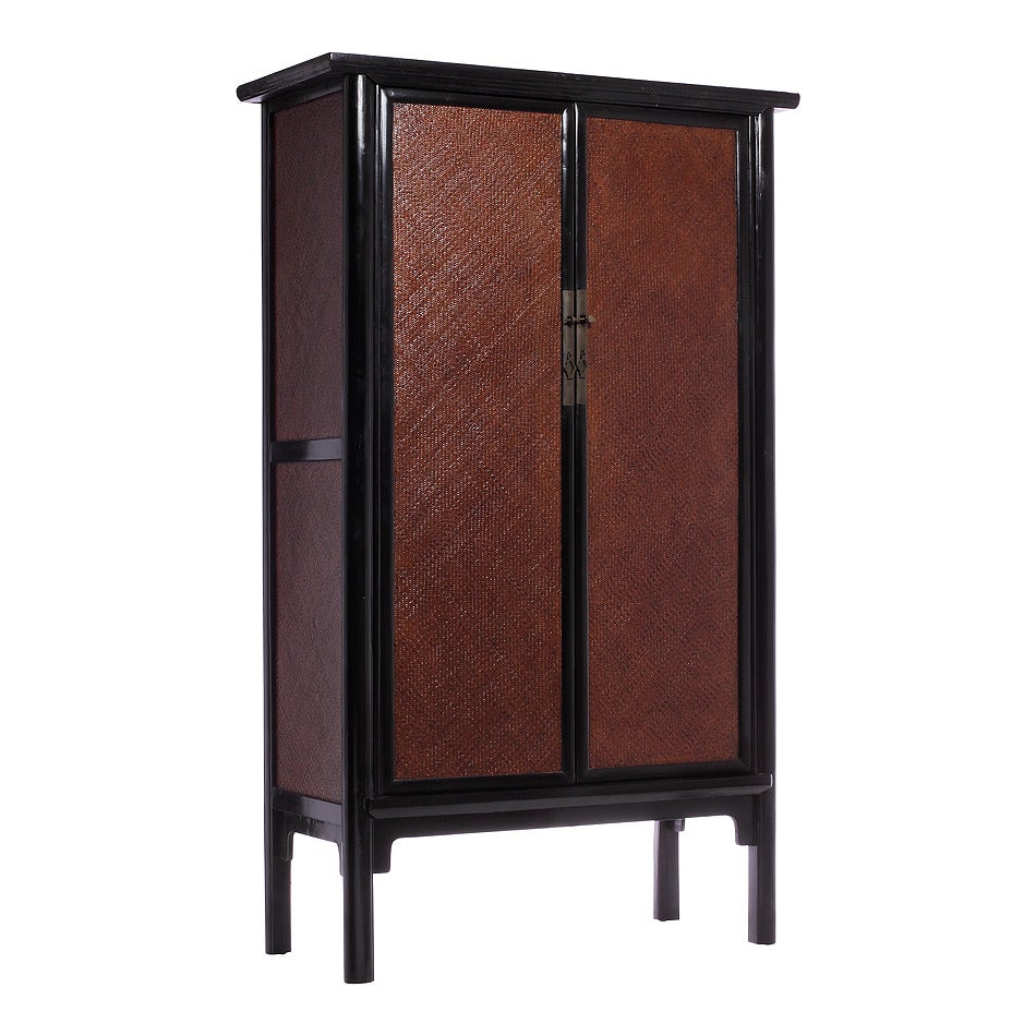 Qing Antique Black Lacquered Woven Armoire with Rattan Panels from China, circa 1800s