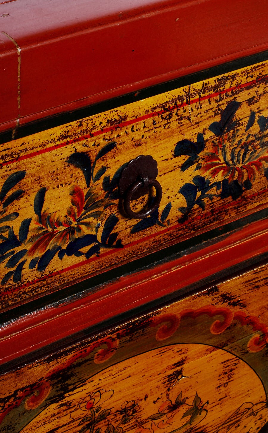 Lacquered Mongolian Late 1800s Hand-Painted Red Lacquer Cabinet with Black and Gold Décor