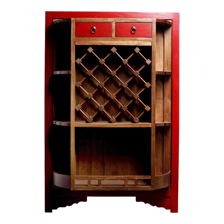 Antique Style Chinese Red Lacquered Liquor Cabinet with Revolving Hidden Panel In Good Condition In Yonkers, NY