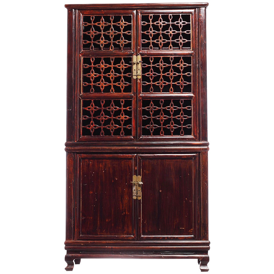 Elmwood Fretwork Chinese Kitchen Cupboard with Hardware from the 19th Century