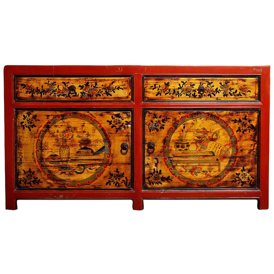 Mongolian Late 1800s Hand-Painted Red Lacquer Cabinet with Black and Gold Décor