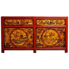 Antique Mongolian Late 1800s Hand-Painted Red Lacquer Cabinet with Black and Gold Décor