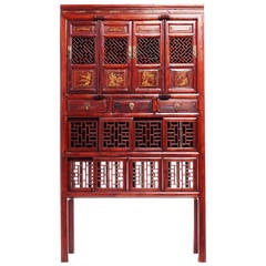 Antique Red Lacquer Chinese Fretwork Cabinet