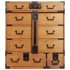 Antique Japanese Merchants Chest with Incised Iron Hardware from the Late 1800s