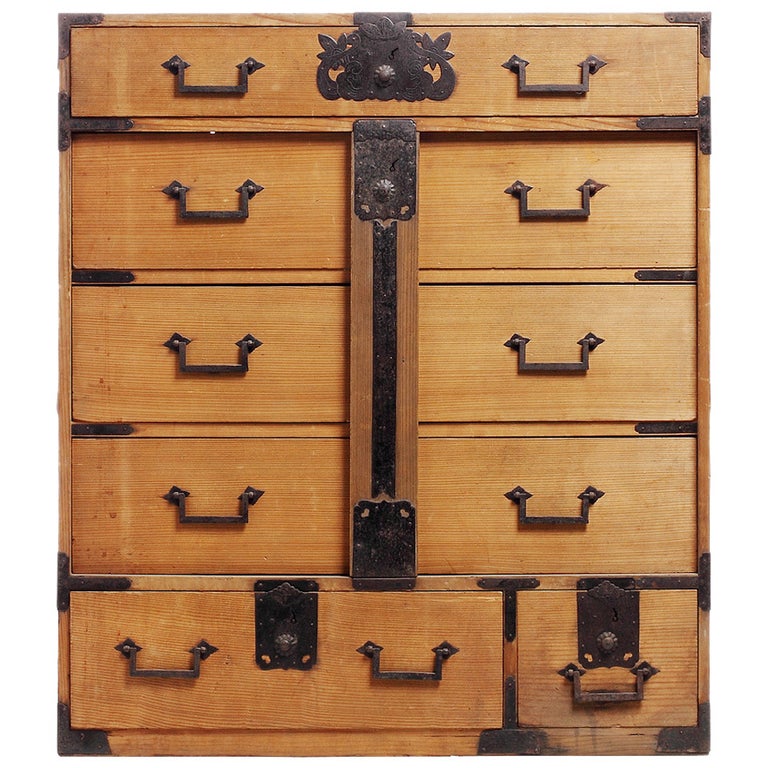 Antique Japanese Merchants Chest with Incised Iron Hardware from the