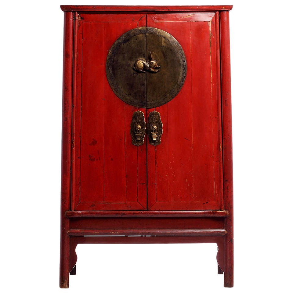 Antique Red Wedding Cabinet with Rabbit Medallion from China, 19th Century