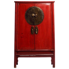 Antique Red Wedding Cabinet with Rabbit Medallion from China, 19th Century