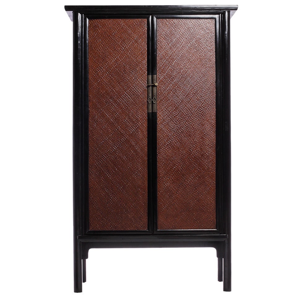 Antique Black Lacquered Woven Armoire with Rattan Panels from China, circa 1800s
