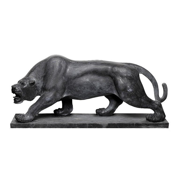 Contemporary Large HandCarved Stone Roaring Black Panther Sculpture on