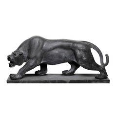 Contemporary Large Hand-Carved Stone Roaring Black Panther Sculpture on Base