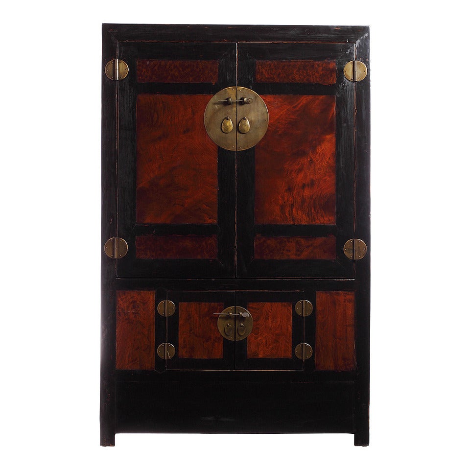 Antique Large Black Lacquer and Burl Wood Armoire from China, Late 1800s