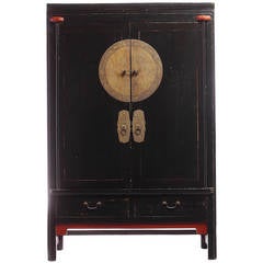 Large Black Antique Chinese Armoire with Bronze Medallion
