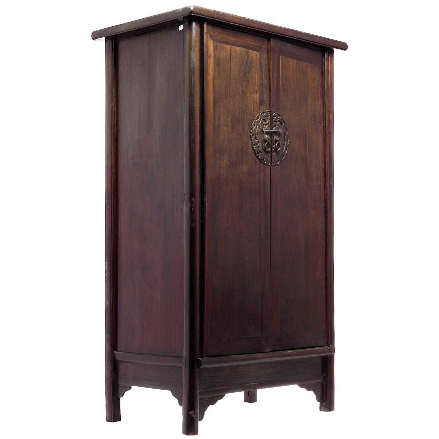 Antique Dark Lacquer Wedding Cabinet with Bronze from China, 19th Century