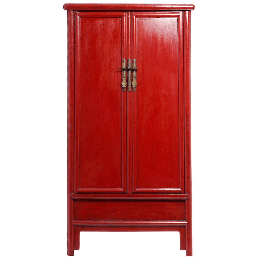 Tapered Red Lacquered Armoire with Noodle Top from 19th Century, China