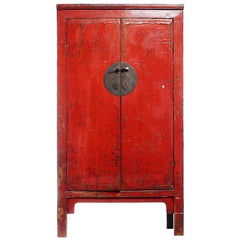 Antique 19th Century Chinese Large Red Lacquered Armoire with Iron Hardware