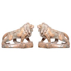 Pair of Hand-Carved Roaring Marble Lions