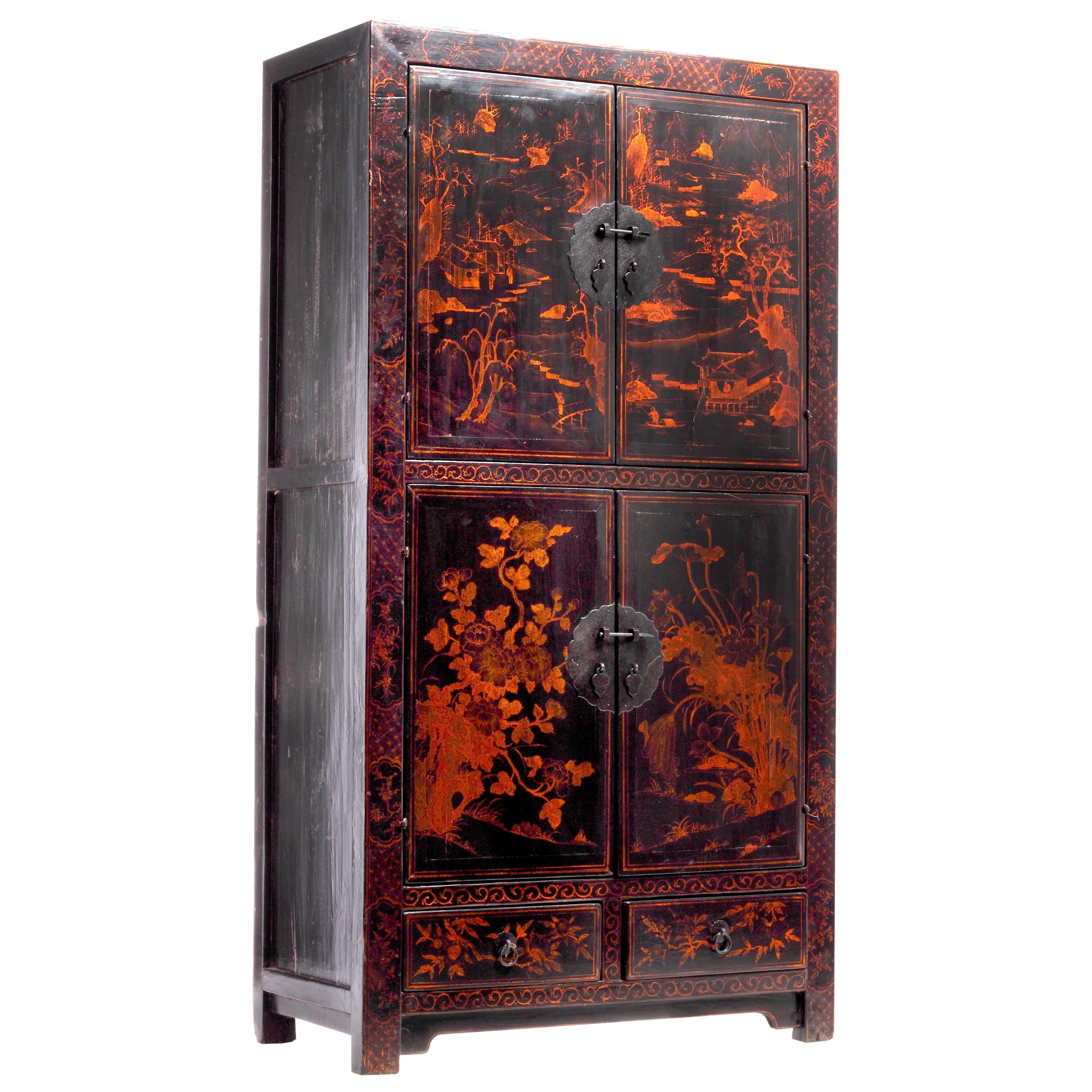 Black Lacquered Cabinet with Hand-Painted Landscape from China, 19th Century