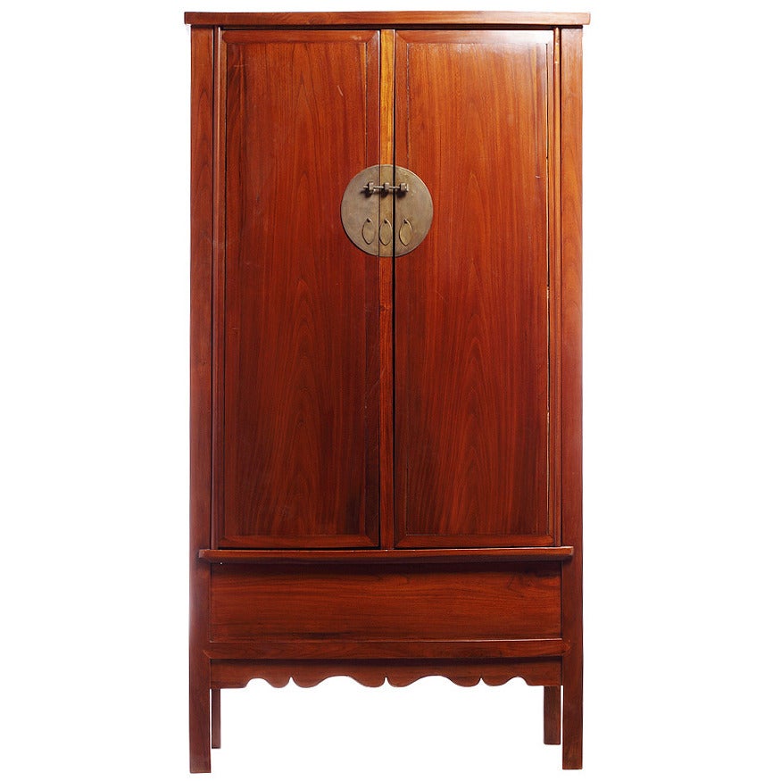 19th Century Chinese Large Elmwood Armoire with Metal Medallion Hardware