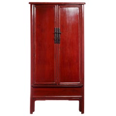 Large Red Lacquer Wedding Cabinet with Brass Hardware from China, 19th Century