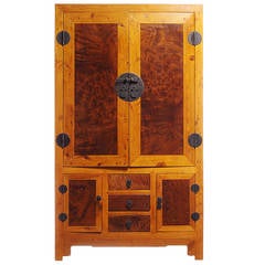 20th Century Chinese Two-Tone Burl Wood, Elmwood Armoire with Doors and Drawers