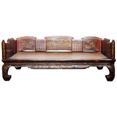 19th Century Carved Opium Bed with Detailed Gilded Chinoiserie Headboard