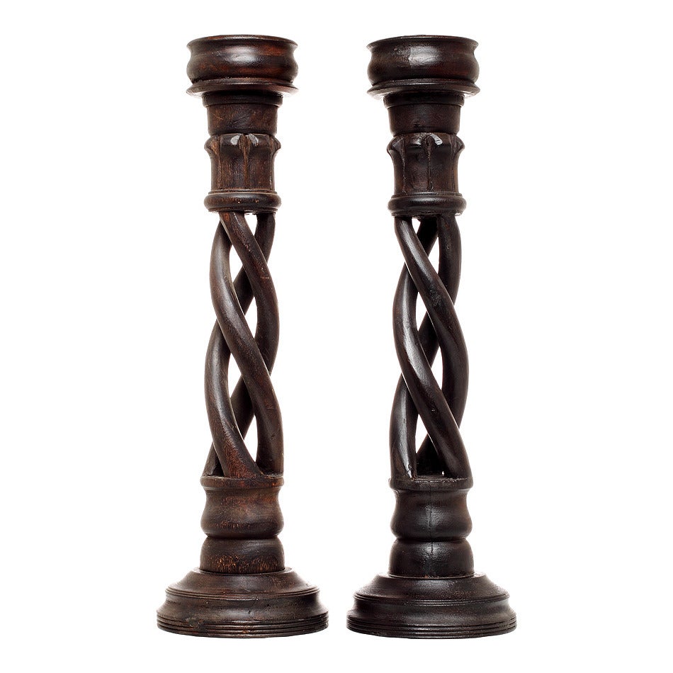 Pair of Vintage Indian Wooden Candlesticks with Spiral Design, 20th Century