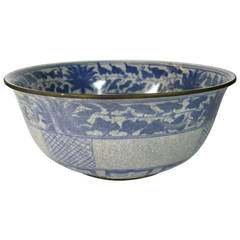 Vintage Blue and White Crackle Patina Porcelain Wash Basin from, China, 20th Century