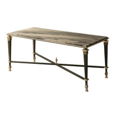 Louis XVI style green painted steel coffee table alabaster top
